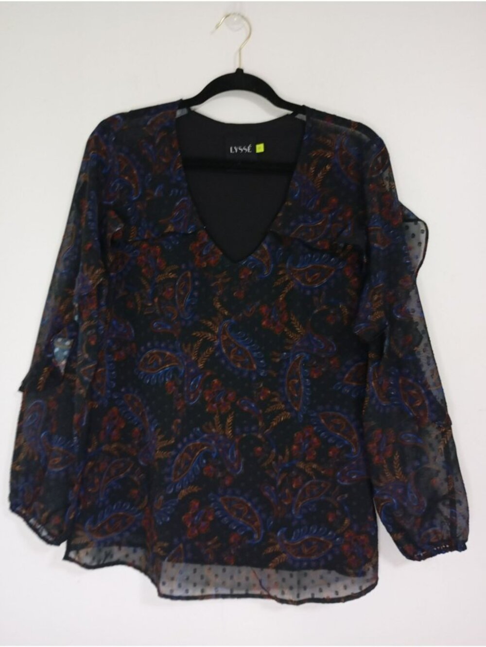 Lysse Womens Paisley Sheer Long Sleeve V-Neck Blouse Black Multicolor Size M